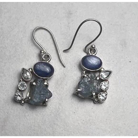 Unbranded Jewelry - Sterling Silver 925 Earrings Rough Aquamarine Blue Topaz & Kyanite Hook Dangle